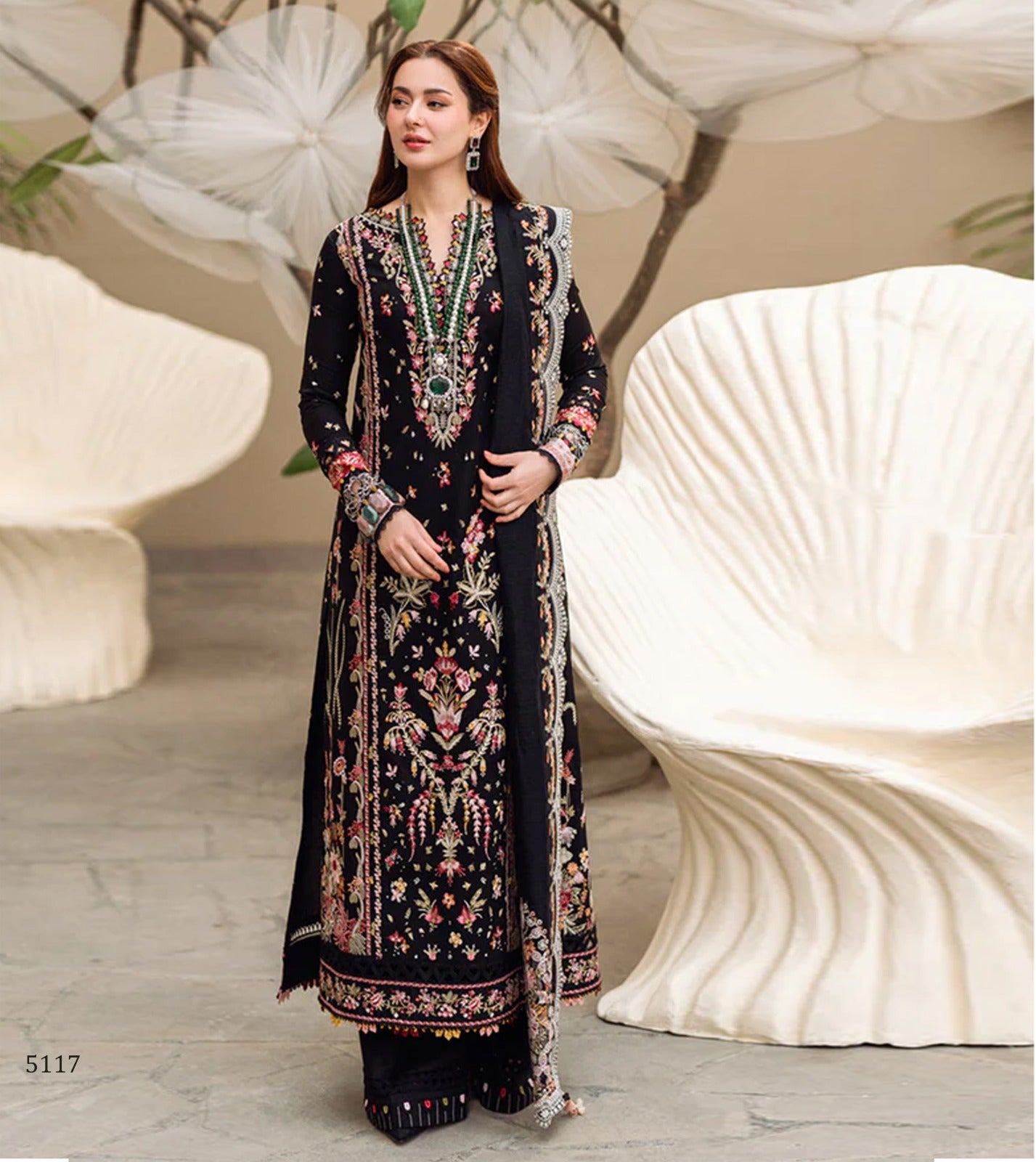 Buy Hussain Rehar Black Lawn Suit | Embroidered 3-Piece Unstitched - Dhee Rani