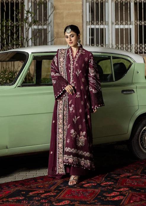 Buy KAHF Dhanak Fabric Meroon Embroidered Winter Dress