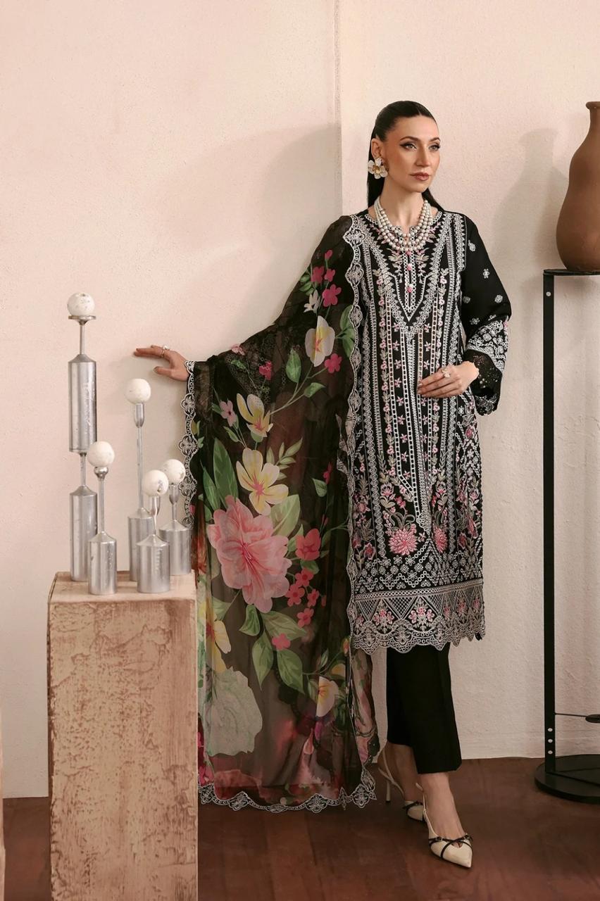 Hussain Rehar Embroidery Dhanak Fabric Winter Black Dress 