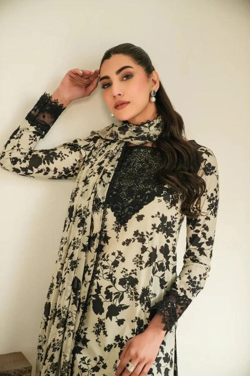 Aneelas Printed Emb Dress 3 Piece